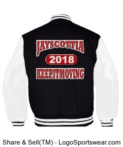 2018 Jayscottia Keep it moving Varsity Jacket. Black/White with Red Design Zoom